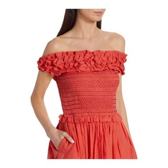 SEA Frida Red Ruffled Off-the-Shoulder Midi Dress Size Small - Picture 5 of 12